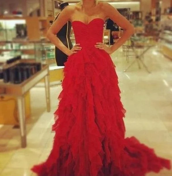 Sweetheart Layered Red Prom Dresses, Long Prom Dresses, Inexpensive Prom Dresses with Layered Pleats