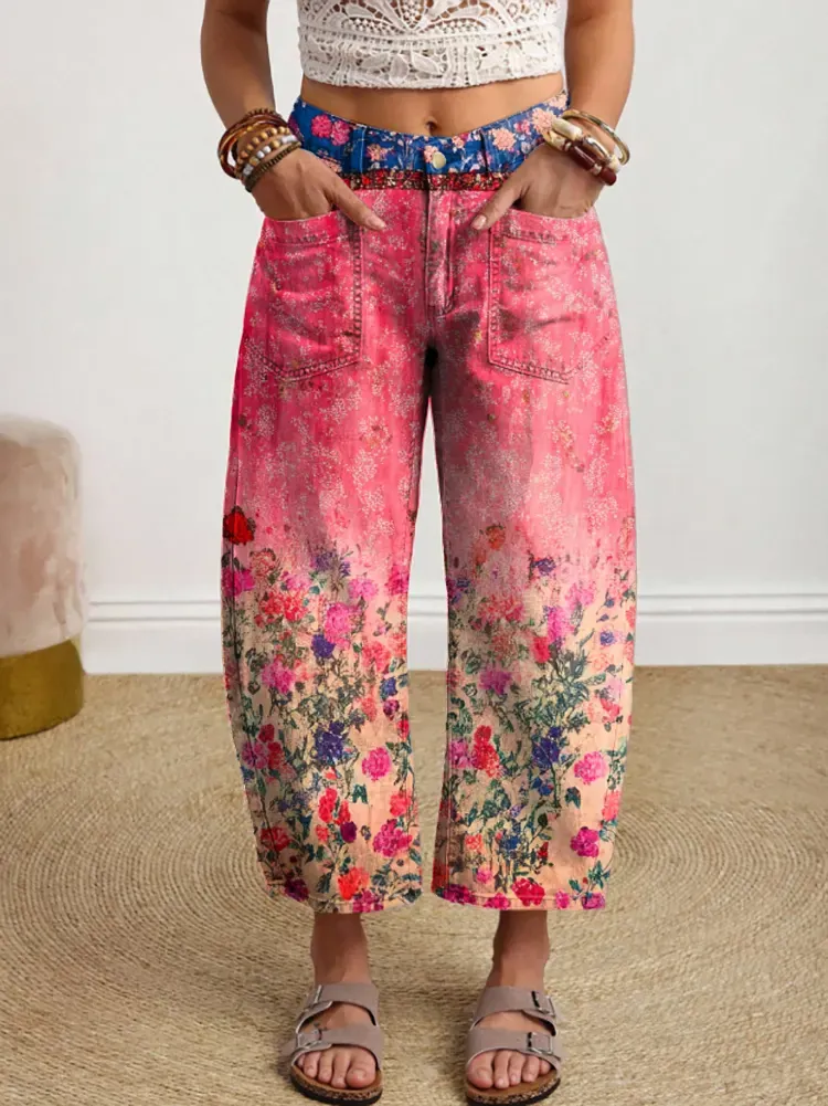 Women's Vintage Floral Pattern Art Print Jeans