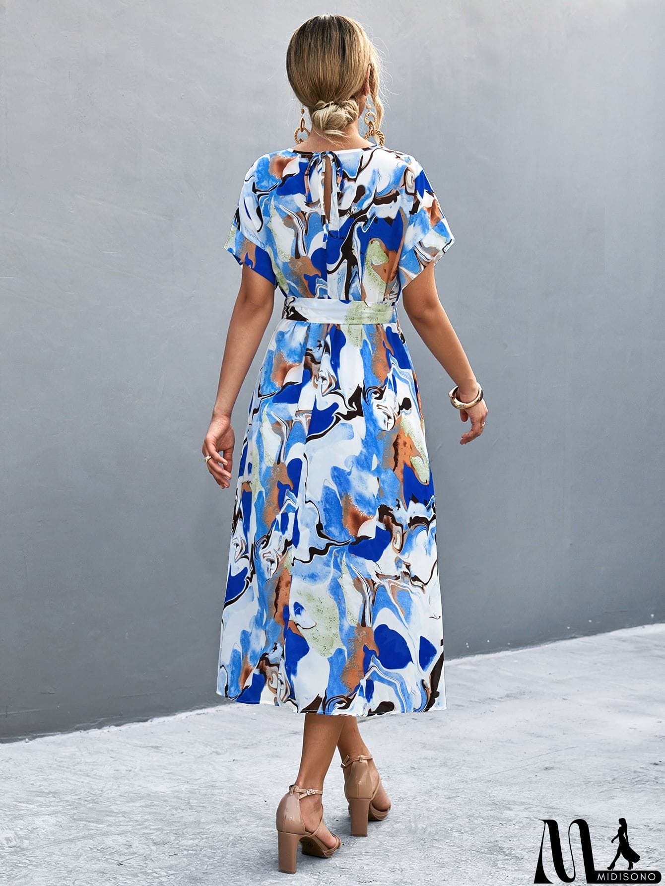 MidiSono - Round Neck Short Sleeve Tie Waist Midi Dress