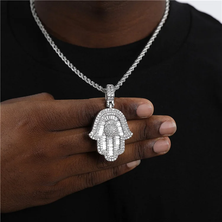 Bling Iced Out CZ Hamsa Hand Baguette Pendants Necklaces-VESSFUL