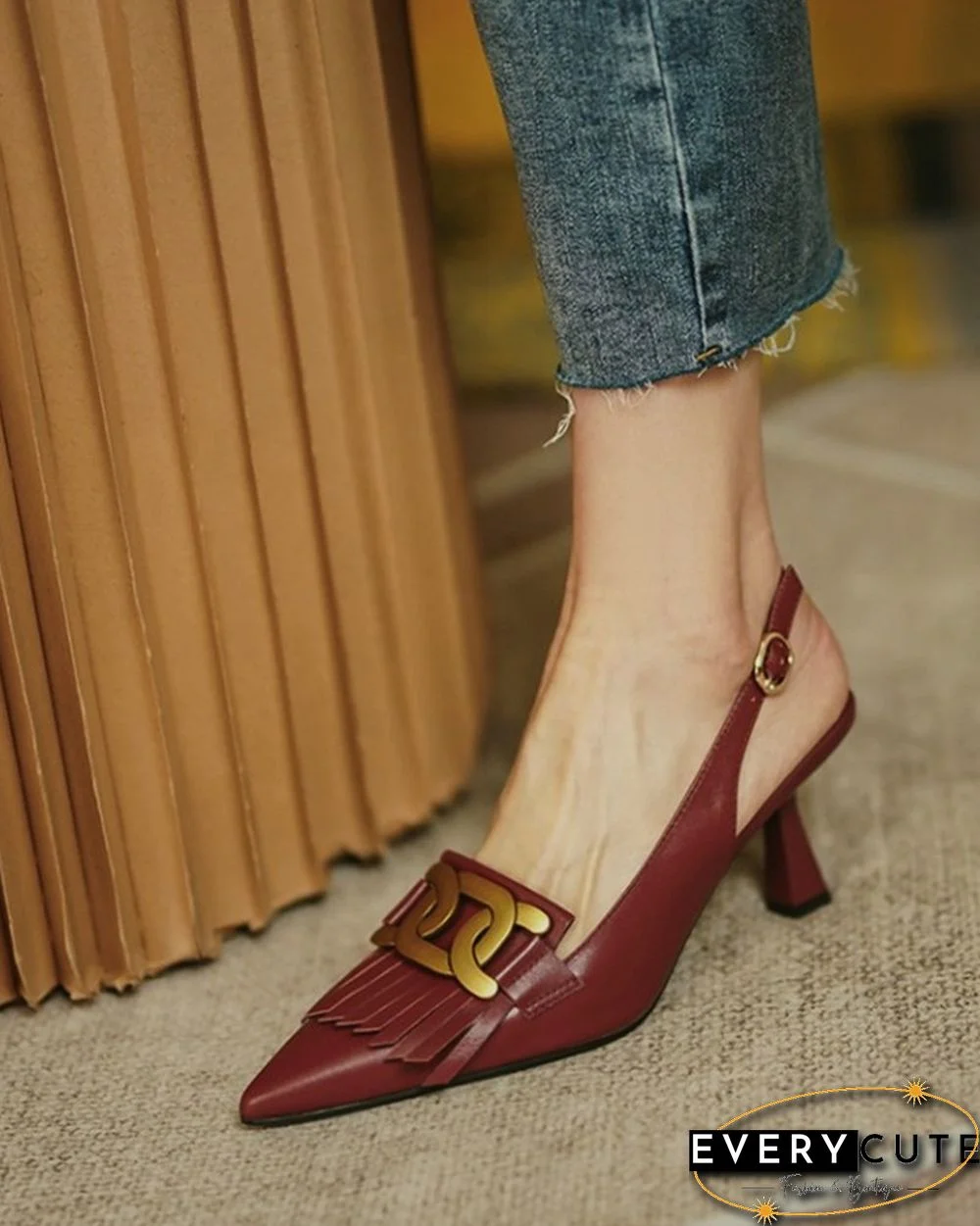 Pointed-toe Solid Color Splicing Tassel Buckles PU Leather High Heels