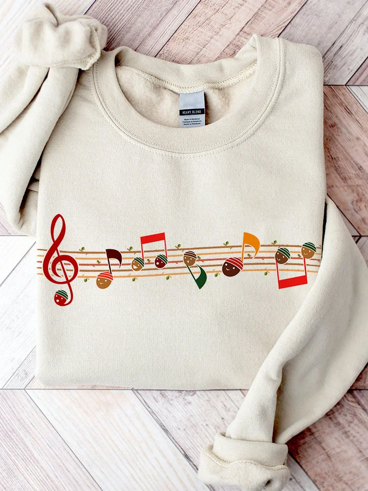 Comstylish Christmas Music Notes Print Casual Cozy Sweatshirt