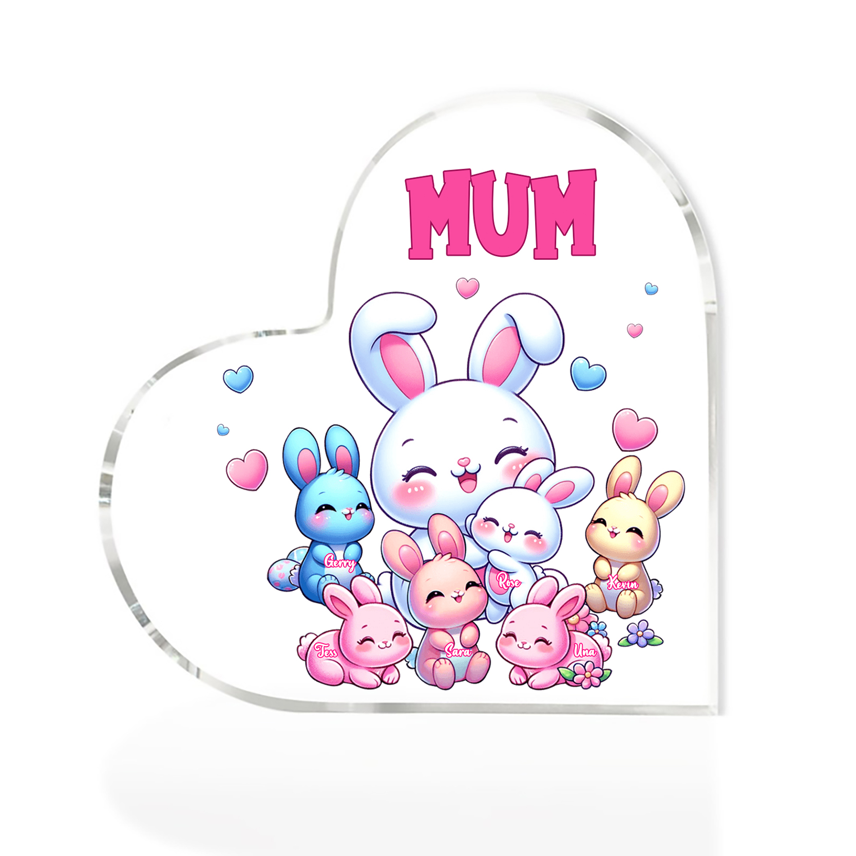 Personalised Text Acrylic Heart Keepsake Custom 6 Names Ornament Bunny Family Gifts For Mother/Grandma-Jessemade AU