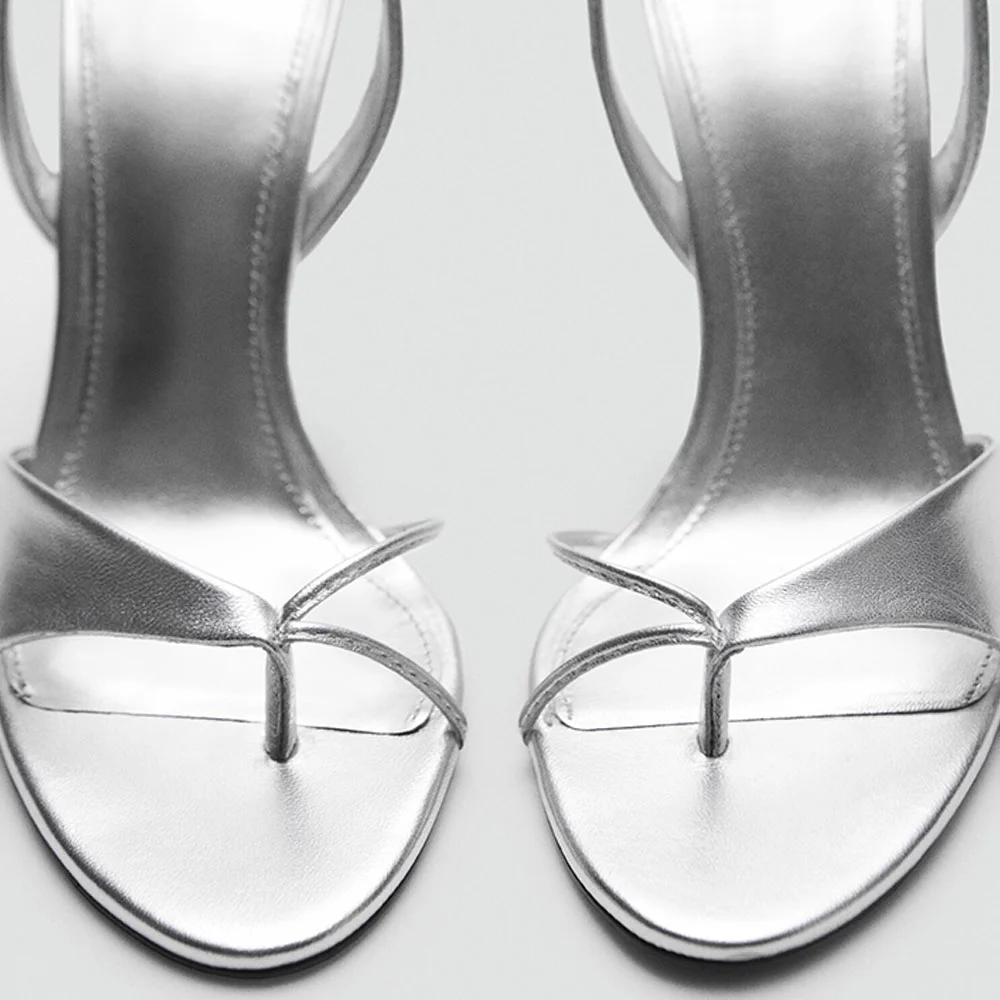 Silver Round Toe Stiletto High Heel Flip Flop Summer Sandals