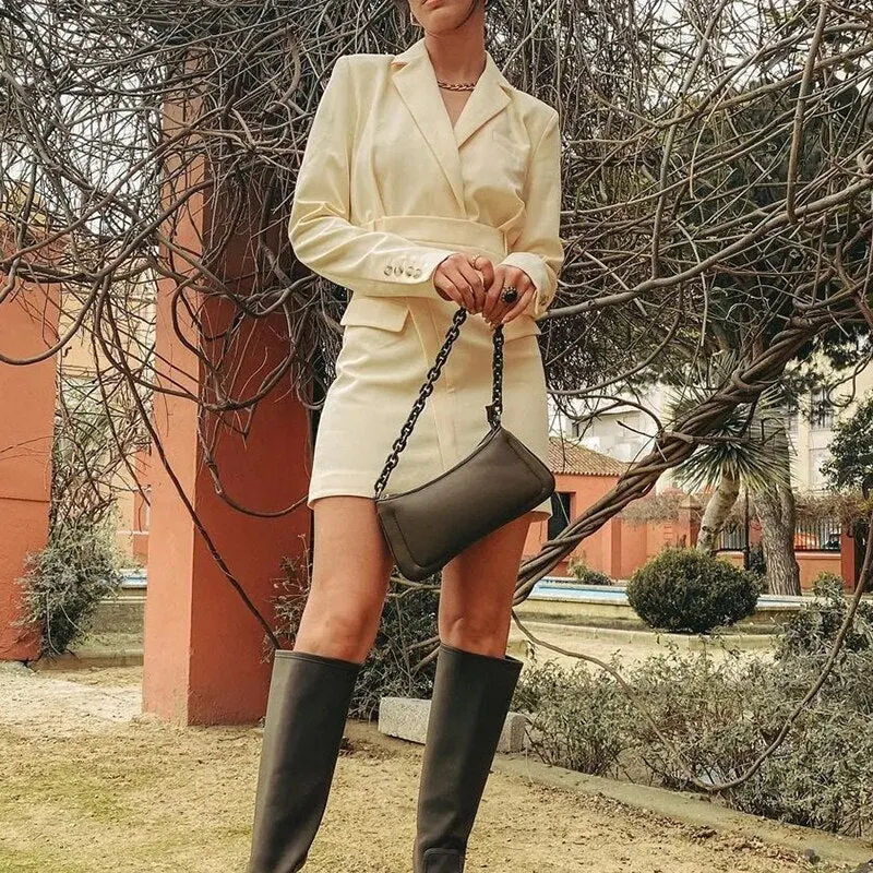 Stylish Chic Asymmetrical Hem Blazer Dress Women 2021 Fashion Notched Pockets Mini Dress Female Elegant Vestidos
