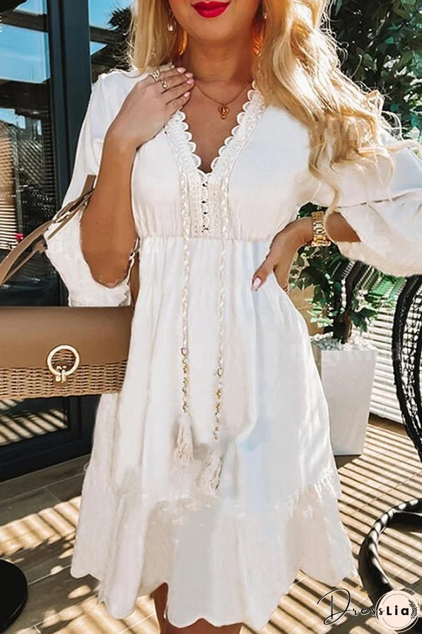 White Fringe Petal Three Quarter Sleeve Casual Dress