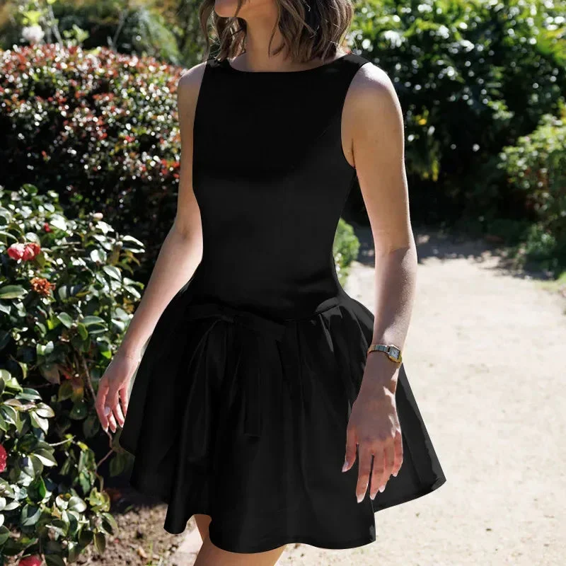 Toloer Solid Sleeveless Front Bow Mini Dress-Outfit Ideas