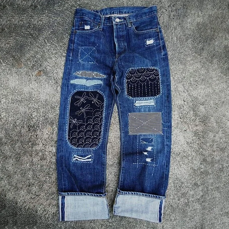 Japanese Style Sashiko Splicing Design Jeans