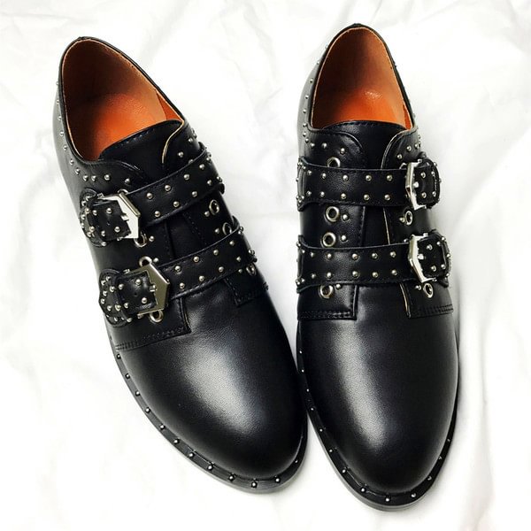 Women's Black Round Rivets and Buckle Vintage Shoes |FSJ Shoes