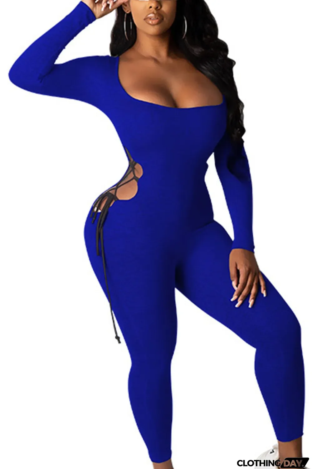 Grey Sexy Polyester Milk Fiber Solid Hollowed Out Frenulum U Neck Skinny Jumpsuits