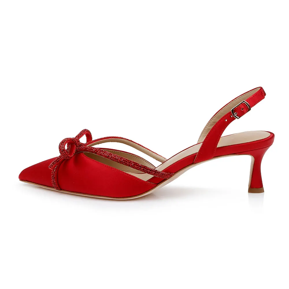 YDN Shiny Red Satin Pointed Toe Slingback Rhinestone Bow Heels