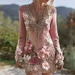 Boho Pink Floral Beaded V Neck Knit Sweater Dress - Image 2