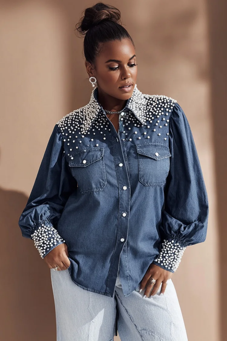 Xpluswear Design Plus Size Business Casual Blue Shirt Collar Long Sleeve Pearls Elegant Tencel Denim Blouses 2024 - Xpluswear