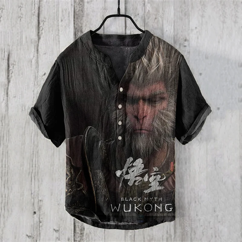 Men's Black Myth Wukong Game Graphic Art Linen Blend Shirt