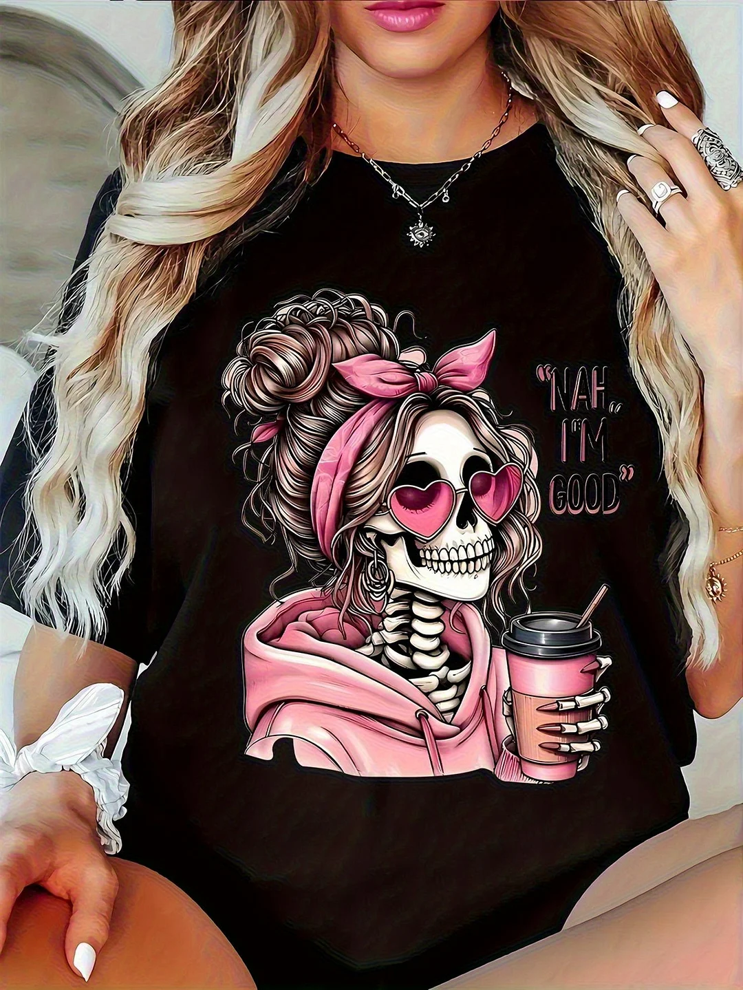 Women's Graphic T-Shirt - Soft Stretch Fabric Regular Fit Tee With Skeleton Woman, Black Shirt For Everyday Streetwear & Parties - Machine Washable All-Season Top, Spring Summer Apparel, Trendy Casualwear, Comfortable Fit Shirt, Party Outfit | IFYHOME