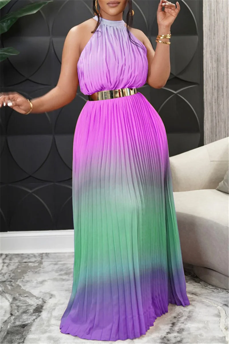 Purple Fashion Casual Gradual Change Print Backless Fold Half A Turtleneck Pleated Dresses (Without Belt)