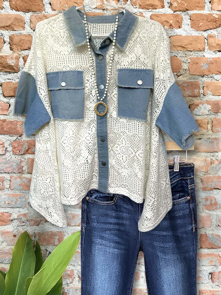 Casual Hollow Lace Patchwork Short-Sleeved Top