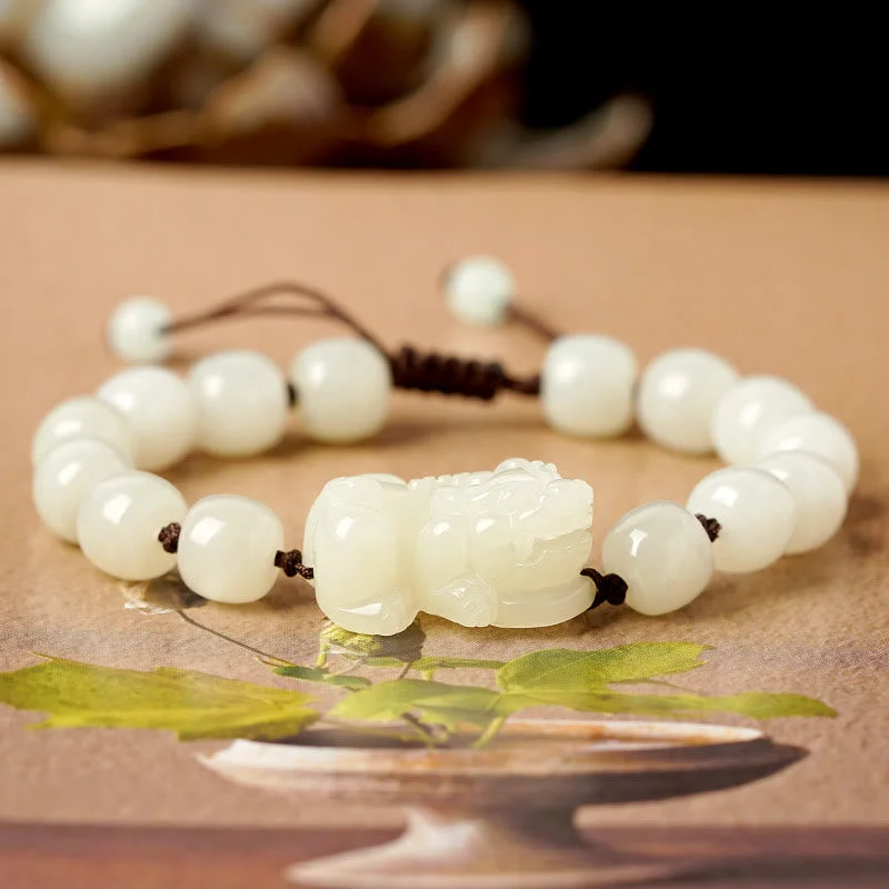 Natural Hetian White Jade PiXiu Wealth String Bracelet