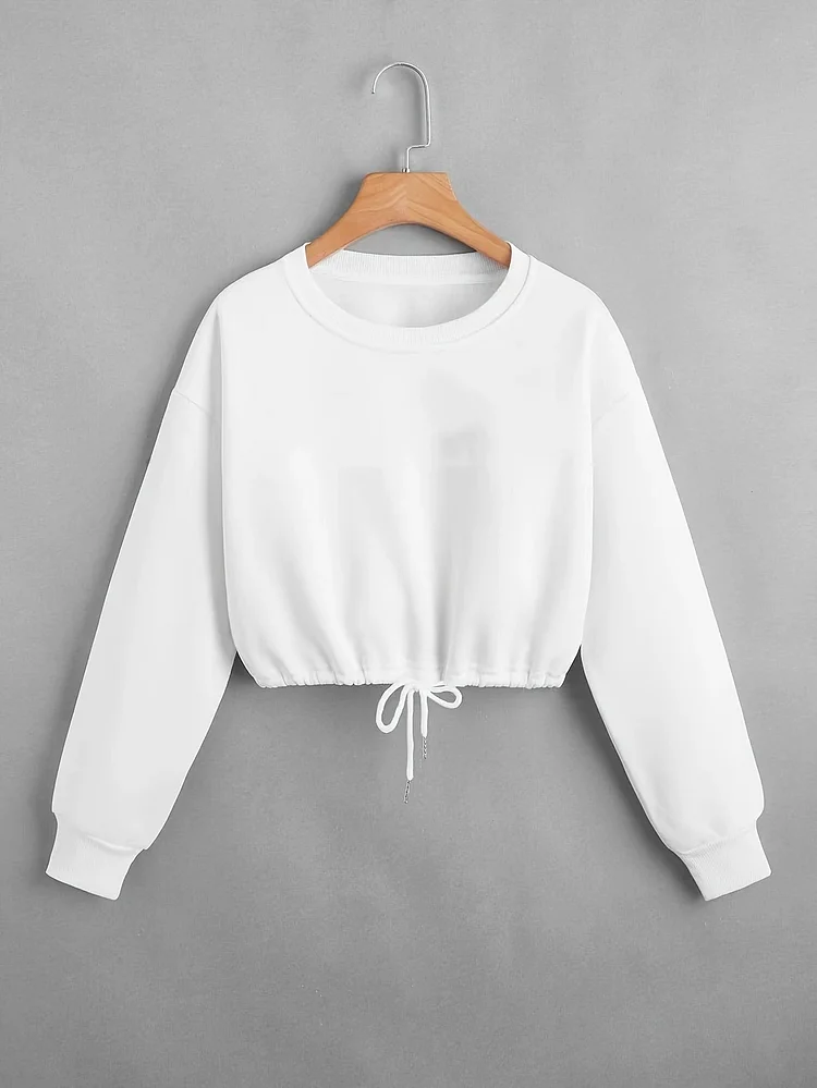 Women's Casual Crew Neck Sweatshirt With Drawstring Detail - Black, Long Sleeve, Pullover Style, Lightweight & Comfortable For Spring/Summer/Fall, Casual Wear | Pullover Sweatshirt | Smooth Texture Fabric