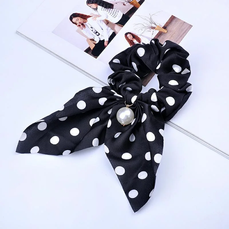 New Chiffon Bowknot Silk Hair Scrunchies Women Pearl Ponytail Holder Hair Tie Hair Rope Rubber Bands Headwear Hair Accessories