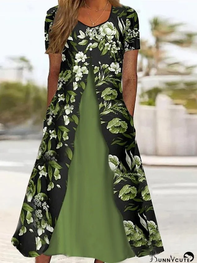 Casual Dress Summer Dress Print Dress Floral Button Pocket V Neck Midi Dress Active Fashion Outdoor Daily Short Sleeve Regular Fit Green Summer Spring S M L XL XXL for Women