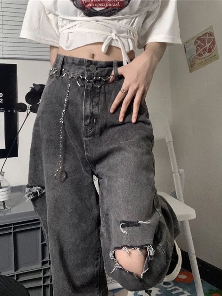 HOUZHOU Vintage Streetwear Women Jeans Harajuku High Waist Hole Denim Pants Female Korean Fashion Trousers Grunge Punk Gothic