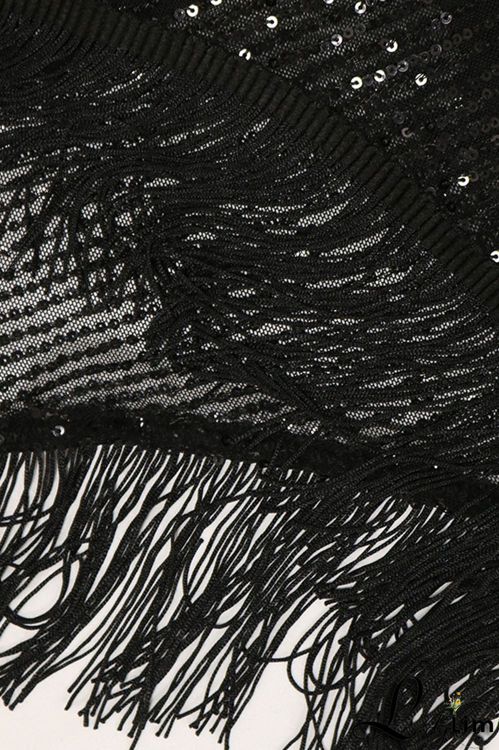 Black Elegant Solid Tassel Sequins Split Joint V Neck Irregular Dress Dresses