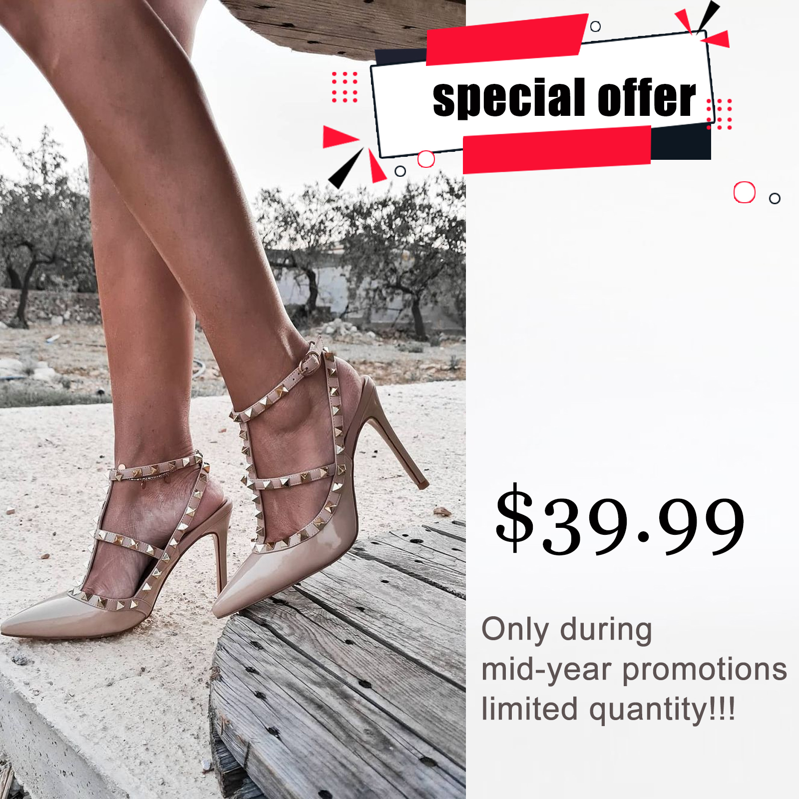 100mm High Heels Rivets Sandals PU Apricot-vocosishoes