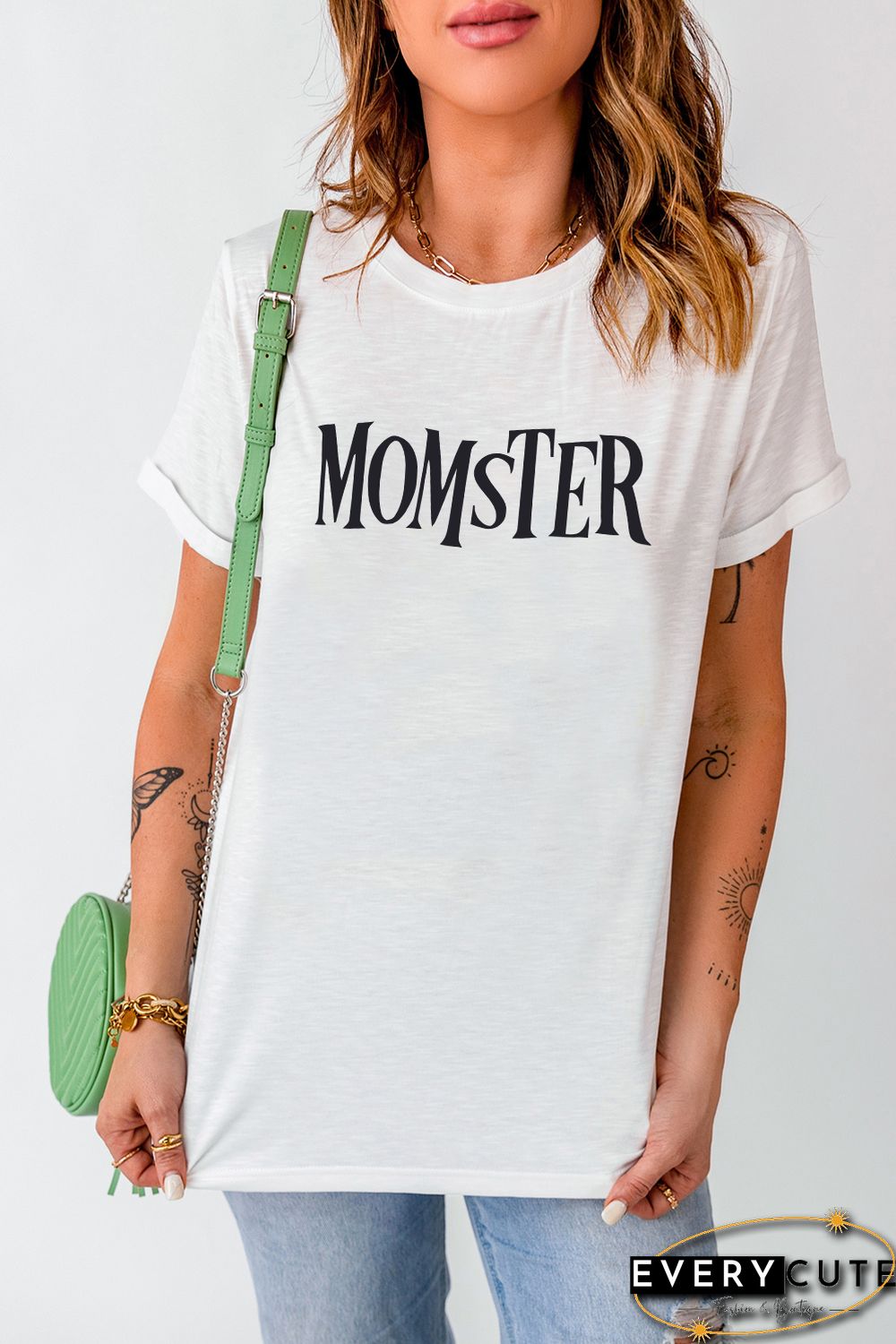 White MOMSTER Letter Print Short Sleeve T Shirt