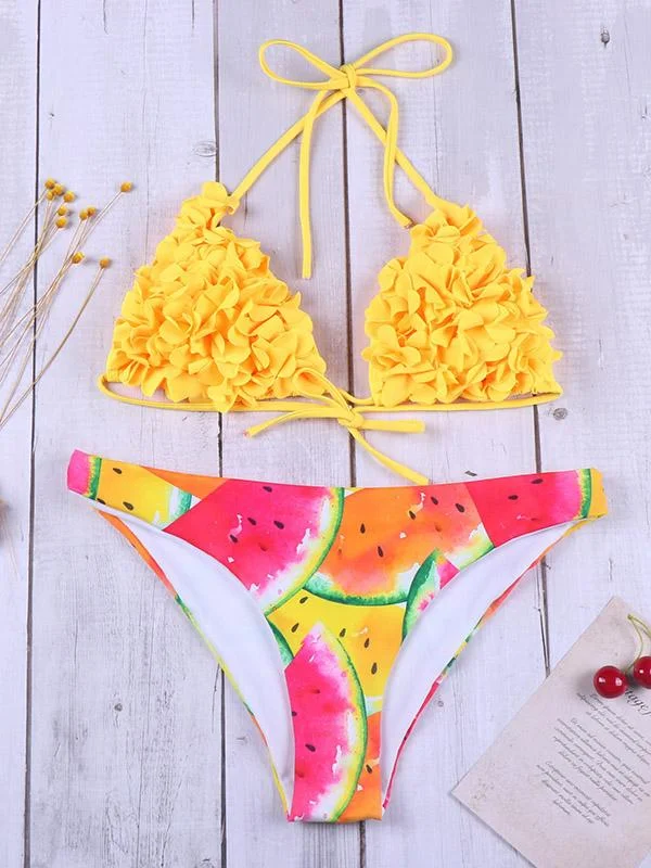 Plain Triangle Top With Printed Panty Bikini Set