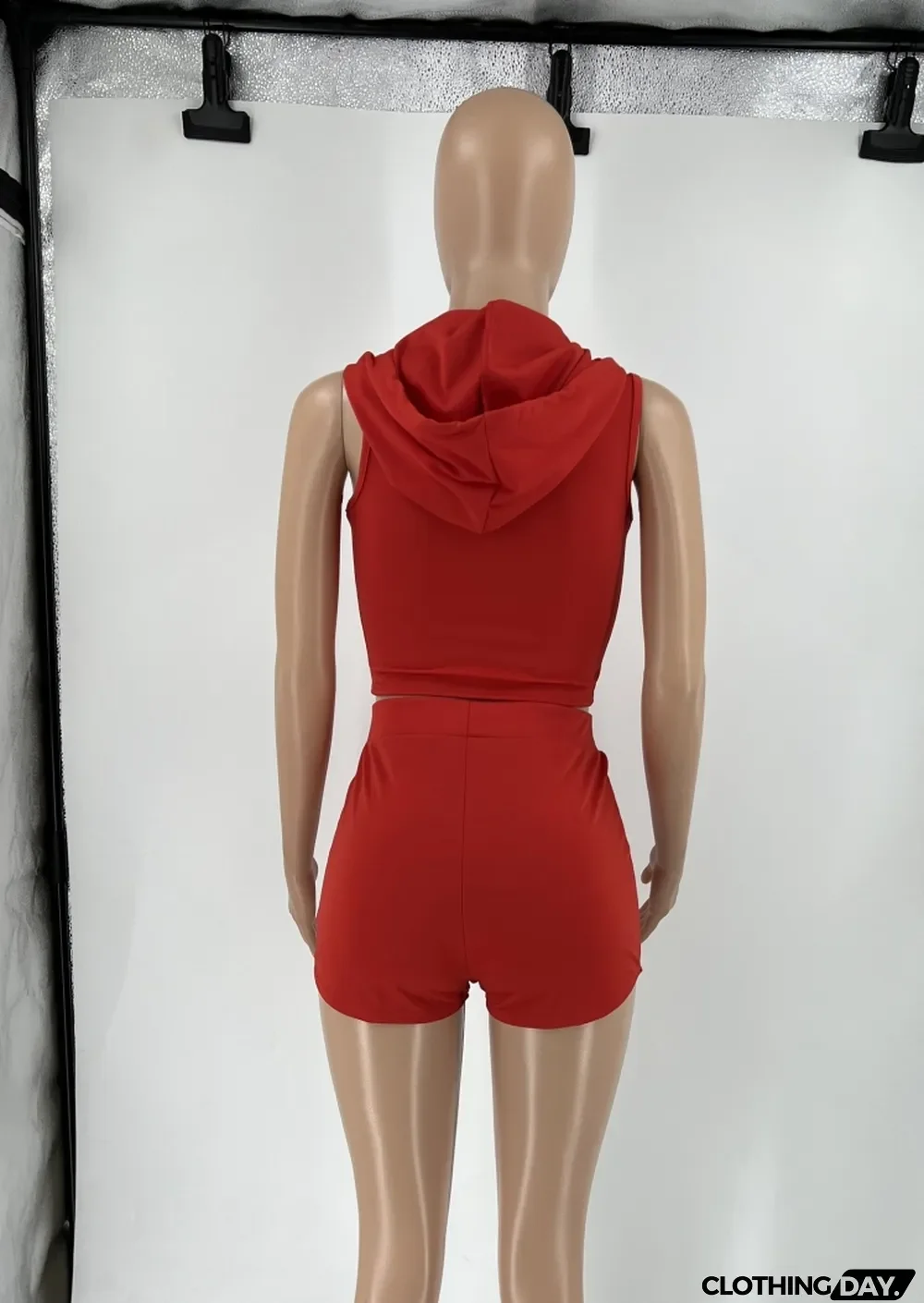 Women Summer Red O-Neck Sleeveless Crop Solid Zippers Tight Sports Two Piece Shorts Set