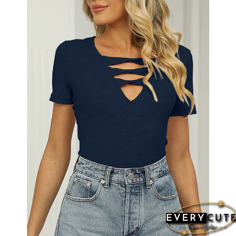 Navy Blue Rib Strappy Hollow-out Neck Short Sleeve Tees