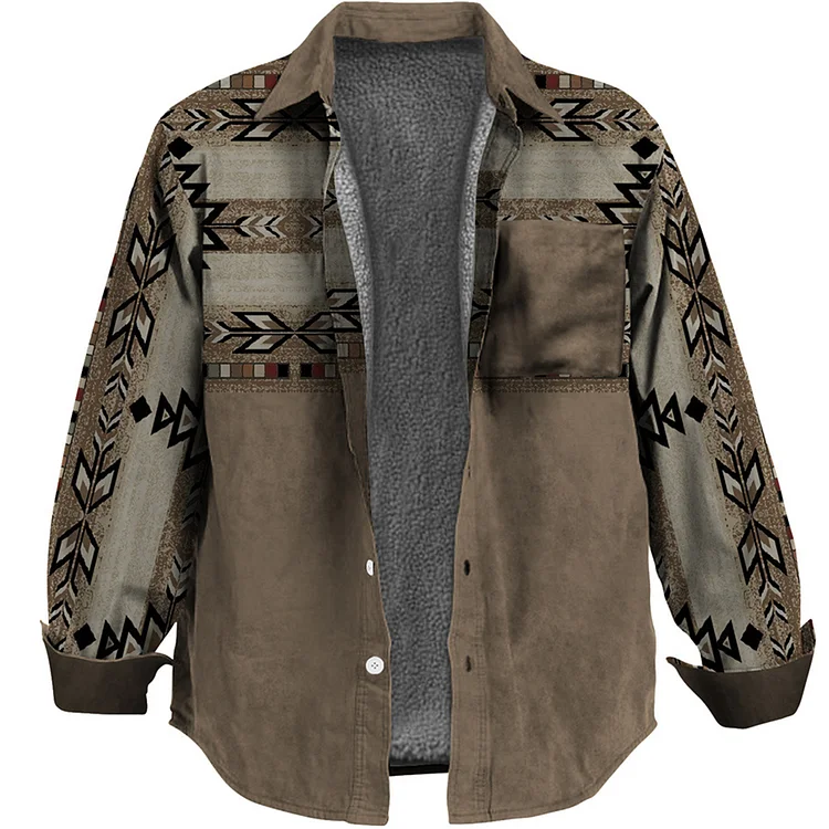 Men's Vintage Ethnic Print Fleece Pocket Shirt Jacket