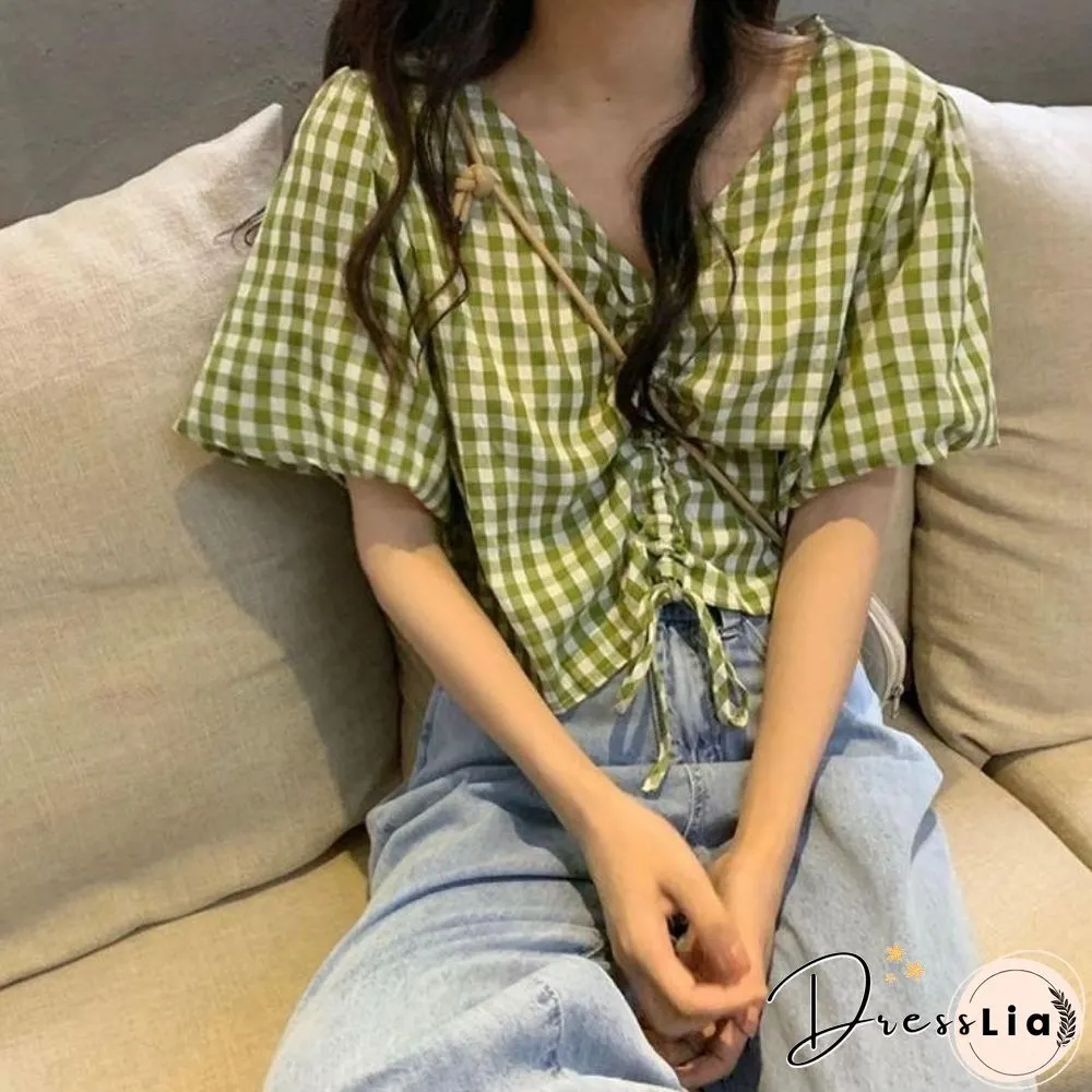 T-Shirts Womens Summer Crop Tops Plaid V-Neck Lantern Sleeve 2Xl Drawstring Slim Chic