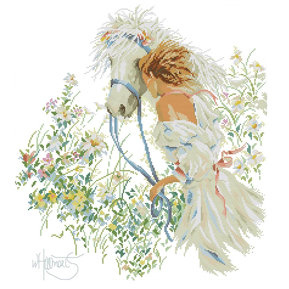 

White Horse Girl - 14CT Stamped Cross Stitch - 46*50cm, 501 Original