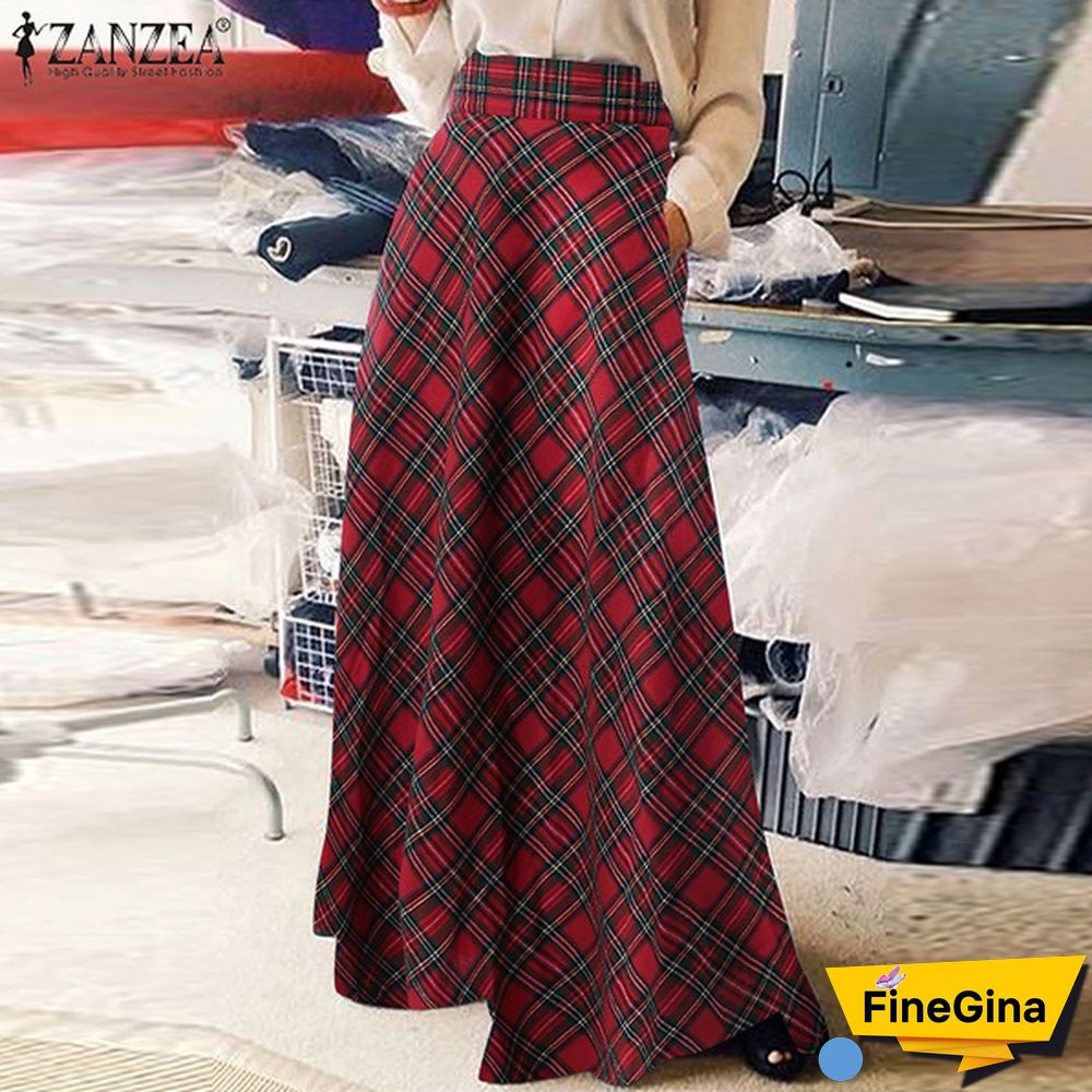 Summer Women Vintage A-Line Skirt Casual High Waist Plaid Checked Party Holiday Maxi Long Skirts