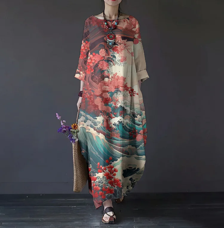 Comstylish Spring Retro Art Painting Floral Wave Print Cotton Linen Maxi Dress