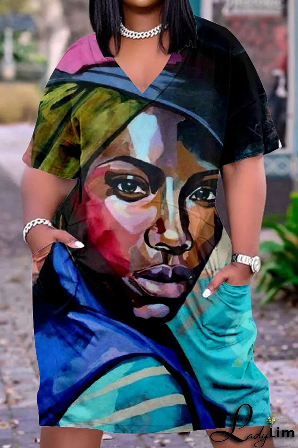 Beige Casual Street Print Patchwork V Neck Straight Dresses