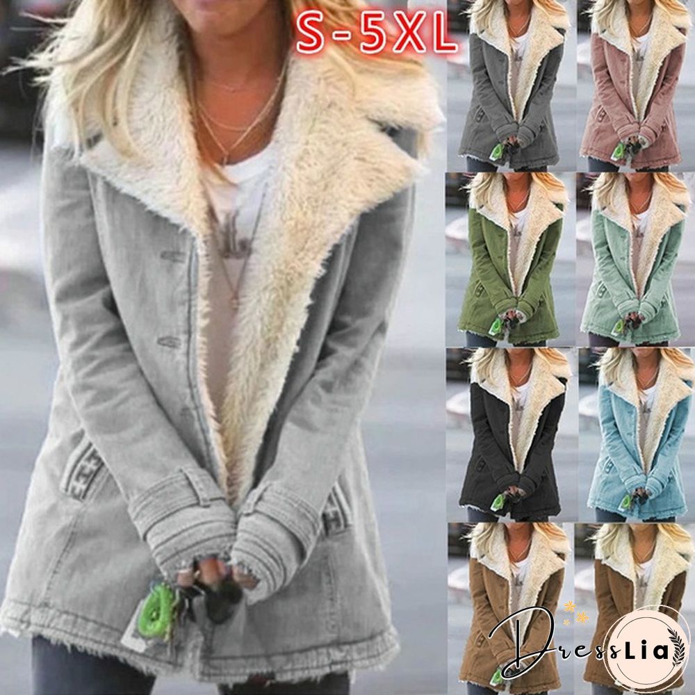 Winter Womens Fashion Denim Jacket Plus Velvet Warm Long-Sleeved Thicker Motorcycle Lapels
