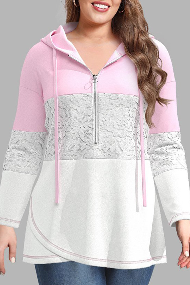 Flycurvy Plus Size Casual Pink Colorblock Lace Stitching Asymmetrical Hem Hoodie