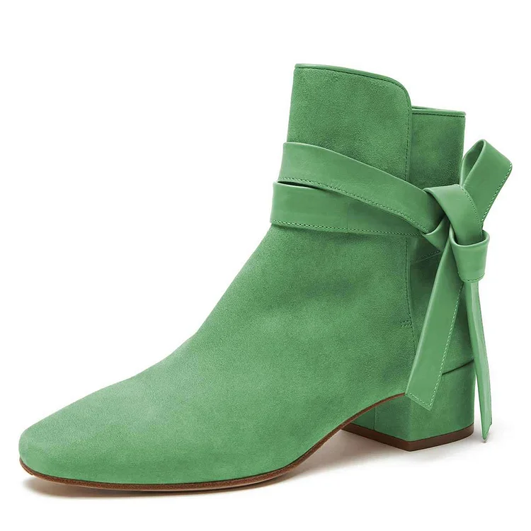 Green Suede Boots Bow Chunky Heel Ankle Boots |FSJ Shoes