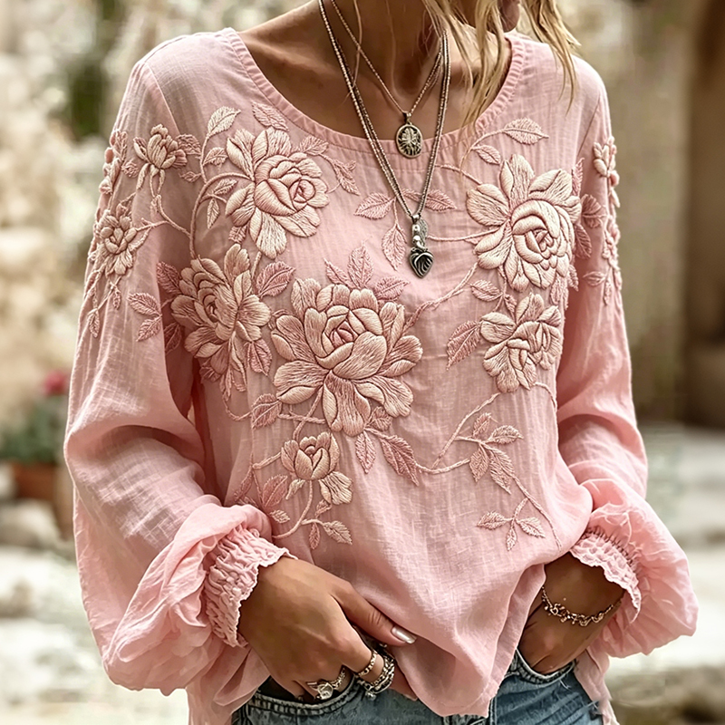 Women's Vintage Rose Floral Ar Crew Neck Linen Blend T-shirt elevenforest