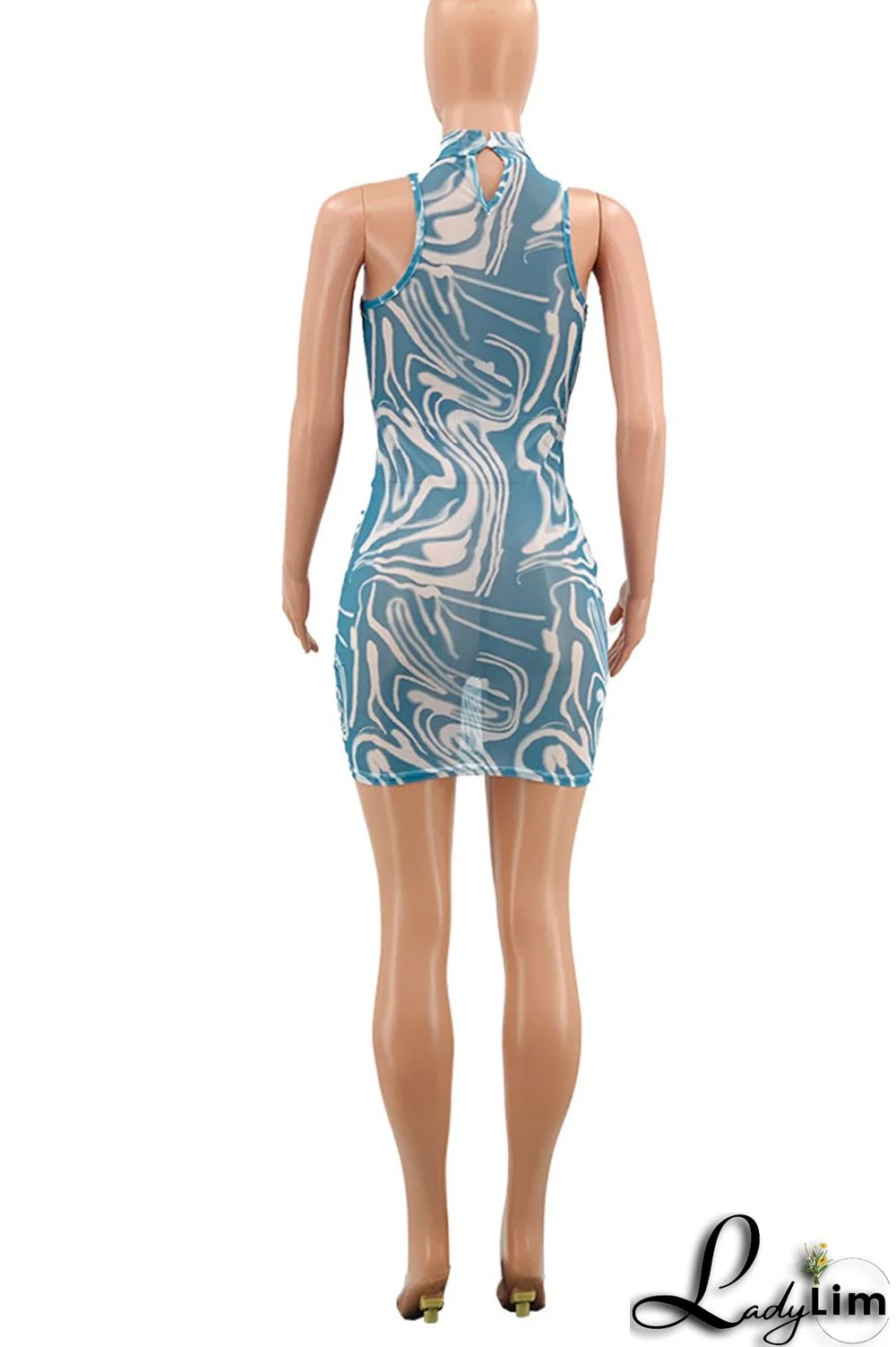 Sky Blue Sexy Print Patchwork Half A Turtleneck Pencil Skirt Dresses