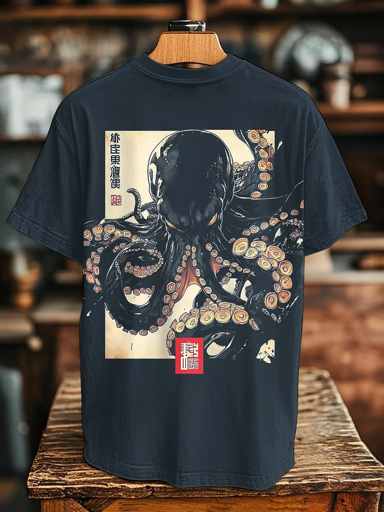 Men's Dark Octopus Japanese Art Back Print Cotton Casual T-Shirt