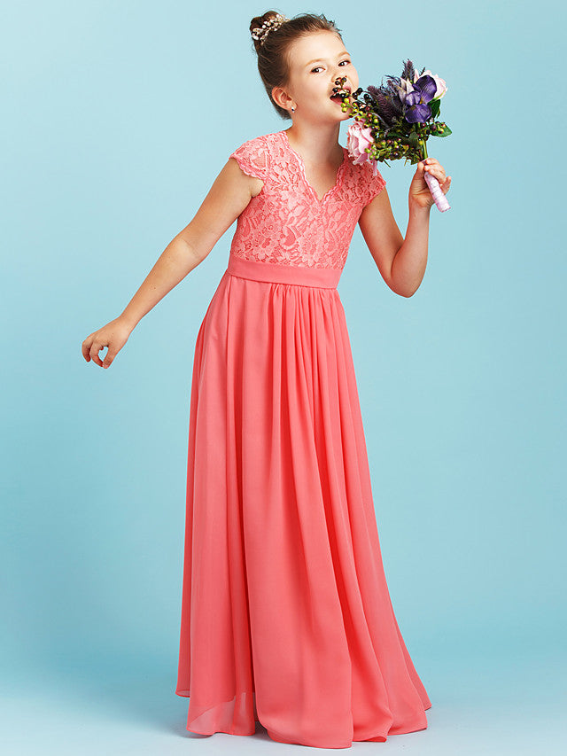 Oknass Princess A-Line V Neck Floor Length Chiffon Lace Junior Flower girl Dress With Sash Ribbon Pleats Wedding Party
