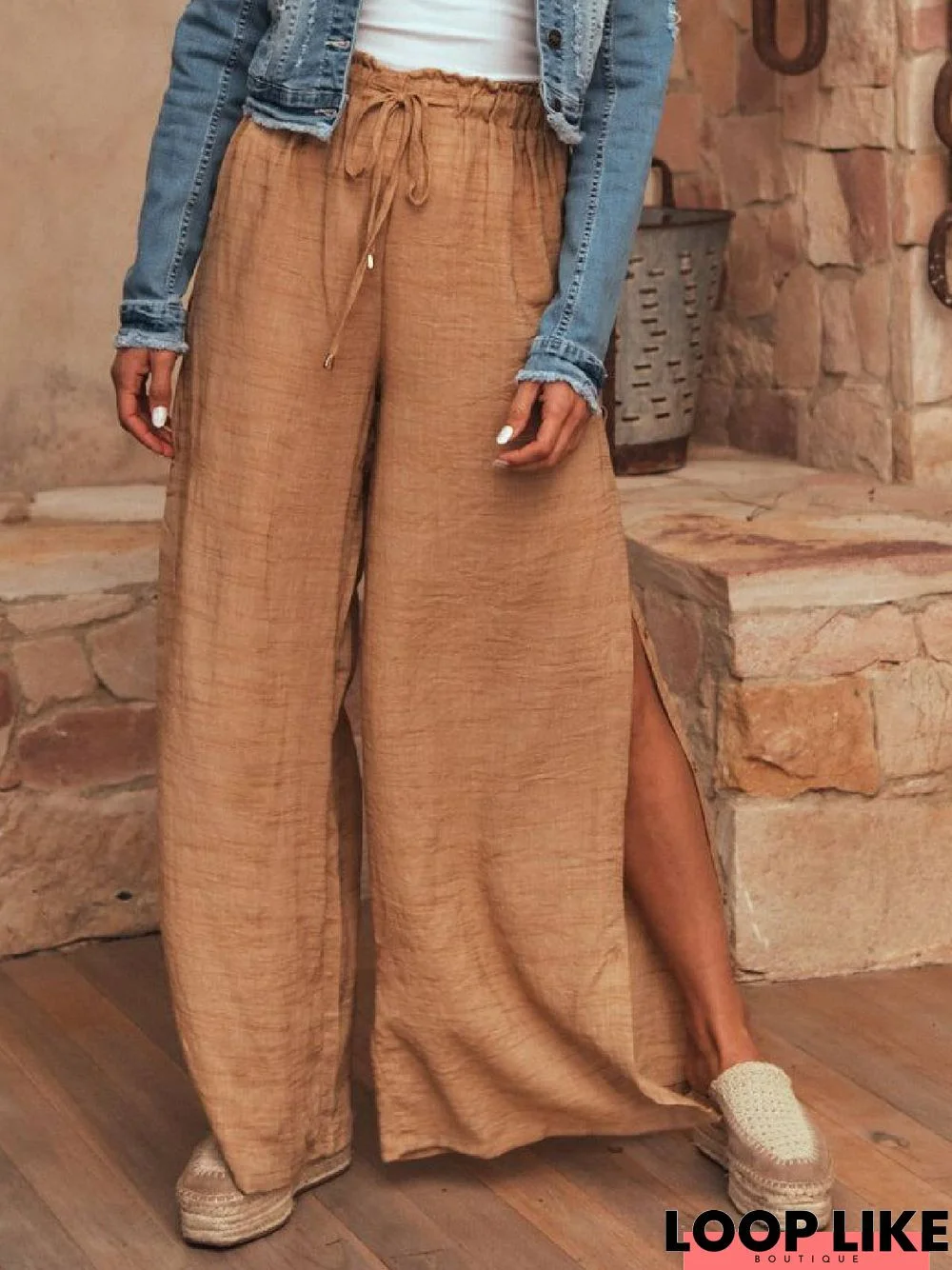 Brown Slit Shift Casual Plain Pants