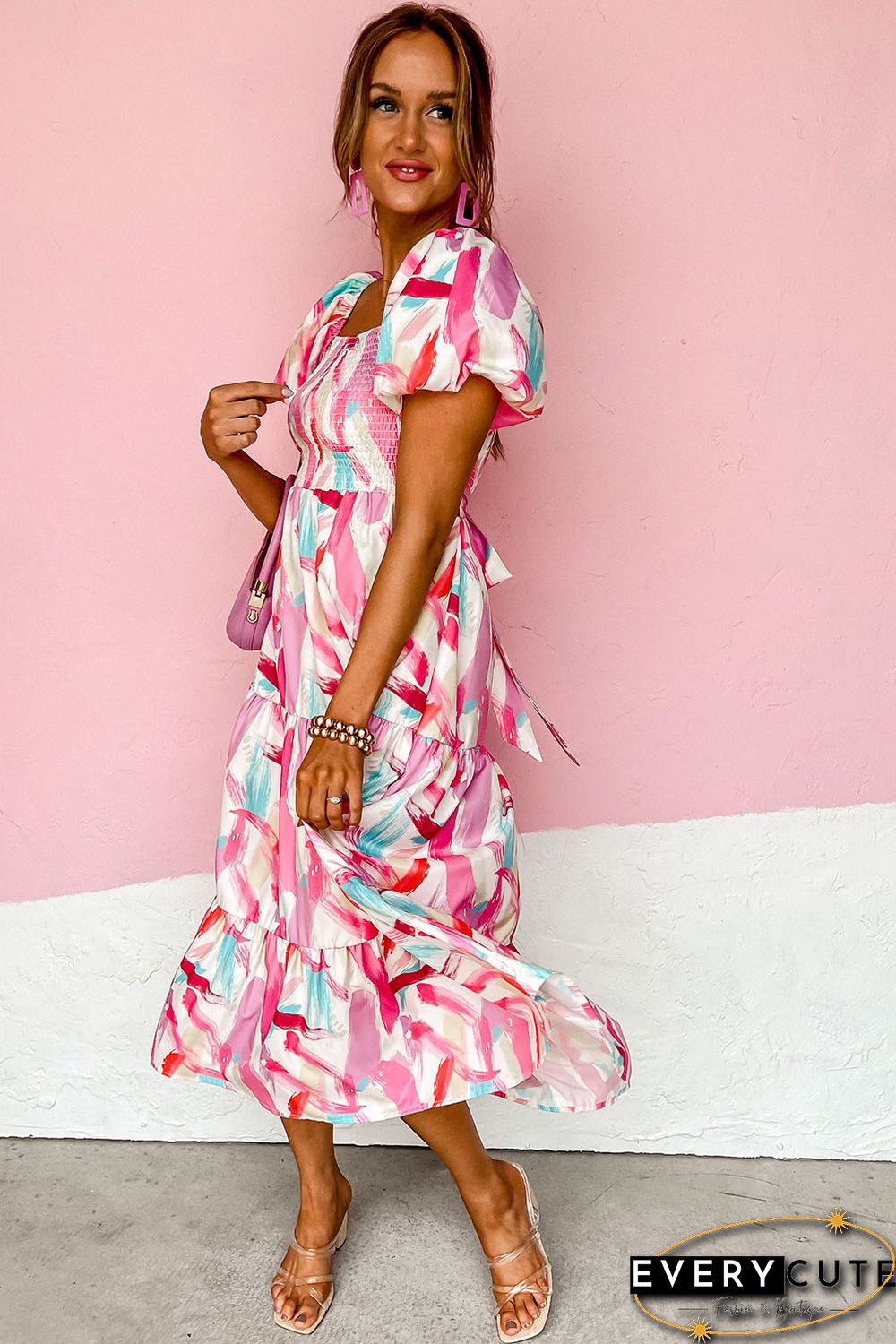 Pink Brush Stroke Printed Smocked Ruffle Tiered Dress