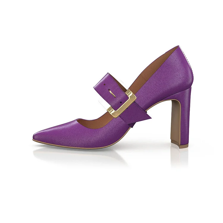 FSJ Purple Pointy Toe Oversize Buckle Mary Jane Pumps with Block Heel |FSJ Shoes
