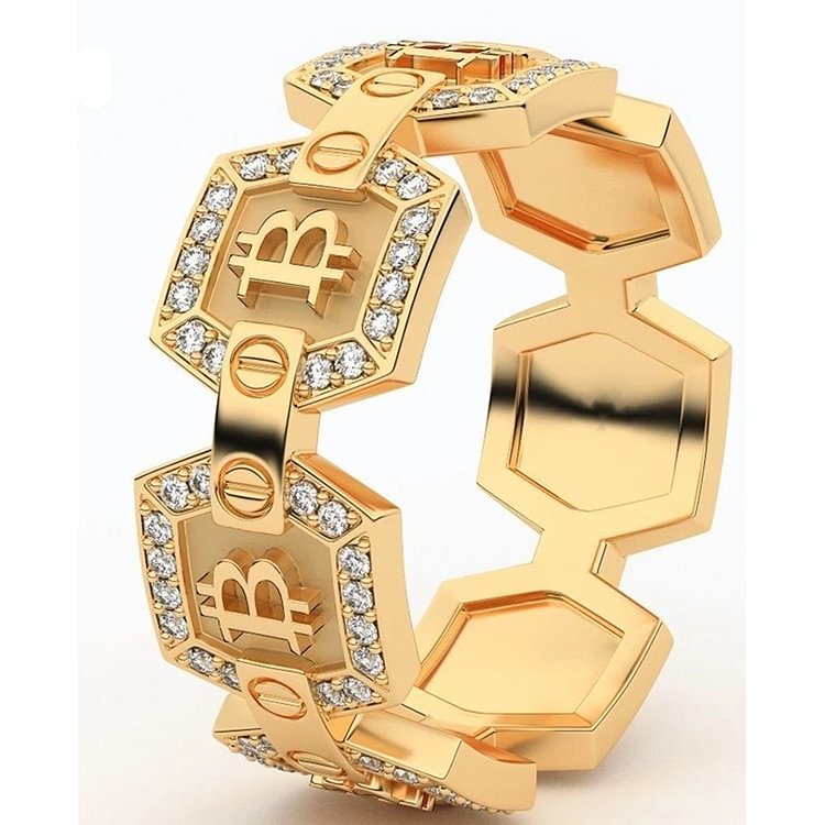 Hip Hop Gold Bitcoin Pentagonal with Rhinestones Men Ring