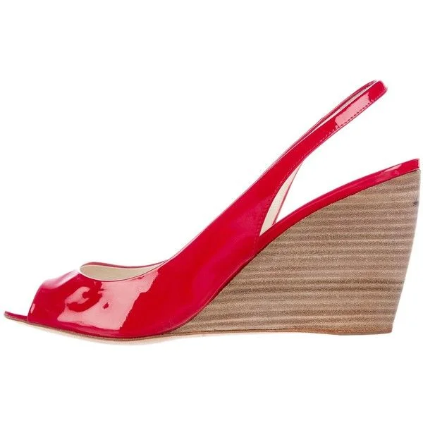 Red Peep Toe Wedge Heels Office Shoes Slingback Sandals |FSJ Shoes